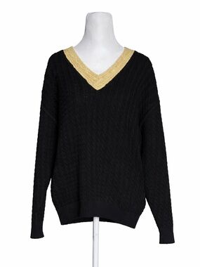 Eleanor Brenner 100% Merino Wool Sweater Black Gold Trim V-Neck HK Vintage S